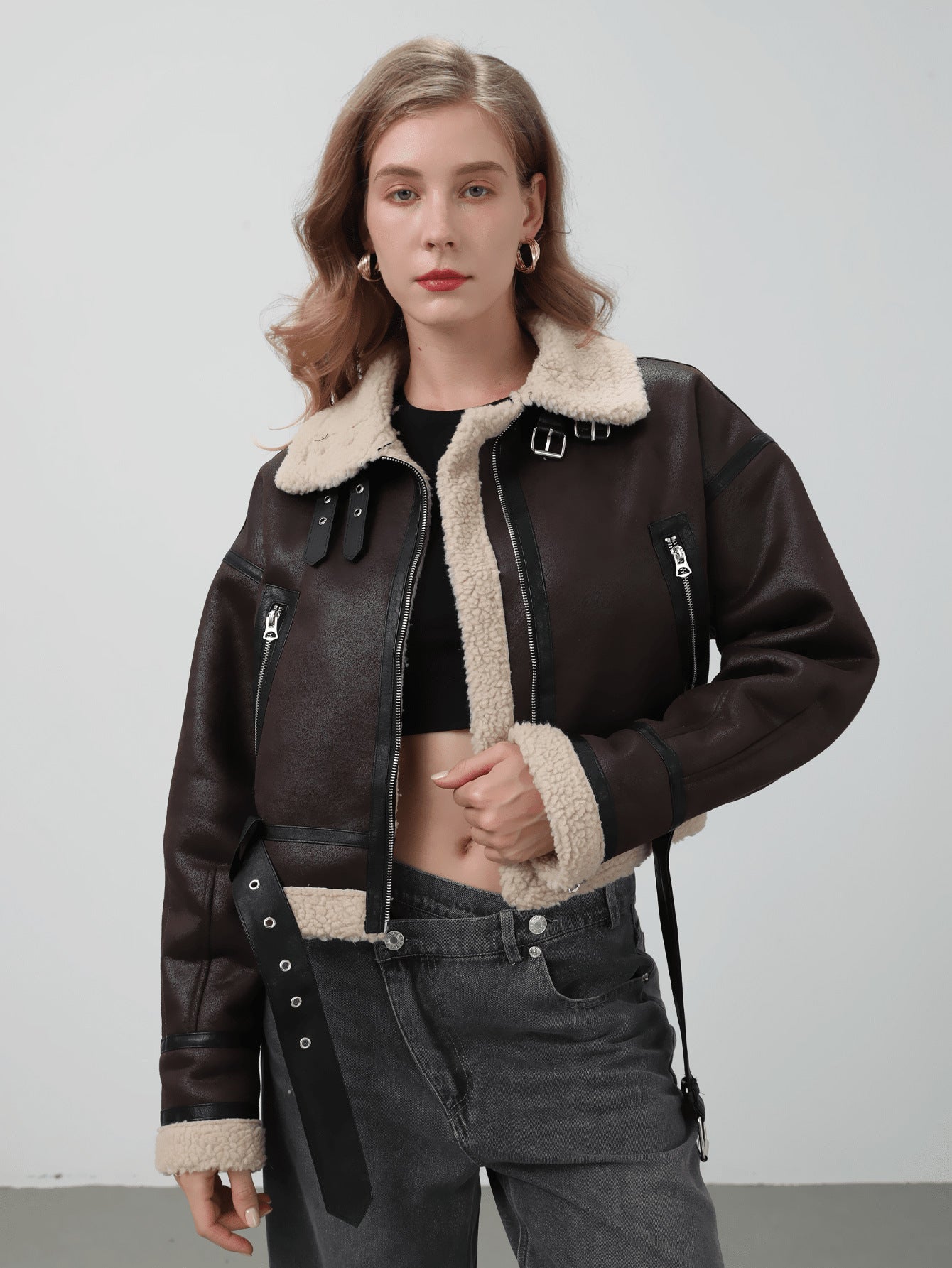 Women Retro Motorcycle Style Short Fur Jacket in Dark Brown with Faux Fur Collar and Buckle Details