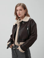 Women Retro Motorcycle Style Short Fur Jacket with a brown leather finish and plush collar detail