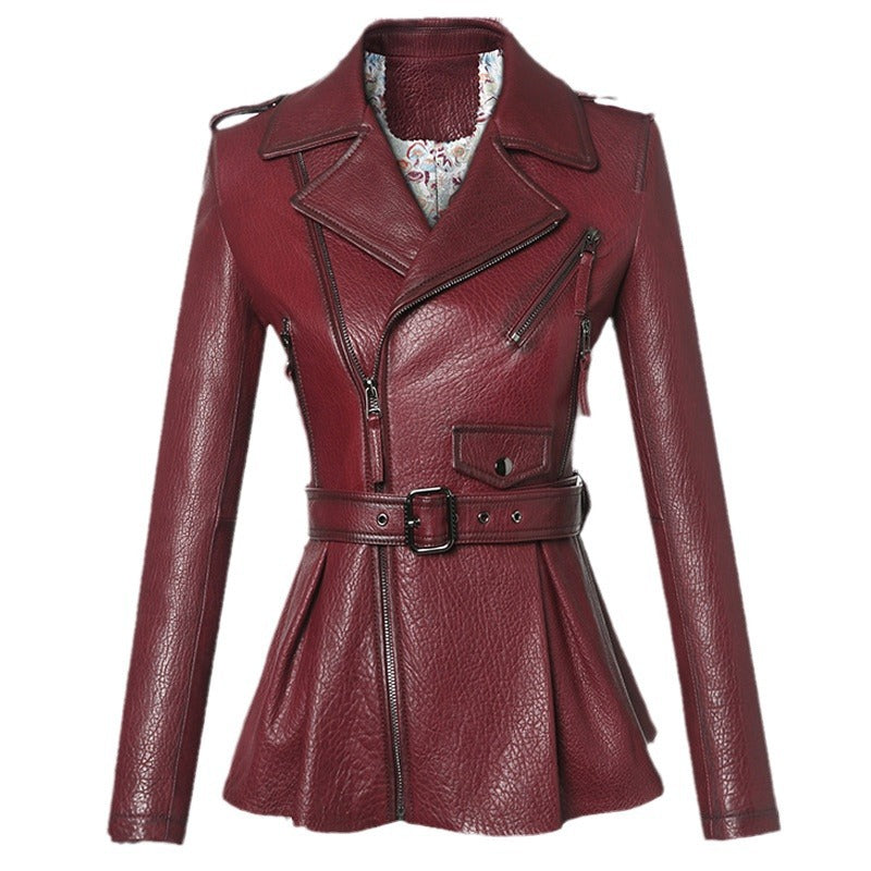 Stylish women's wine leather moto jacket with belted waist and detailed zippers