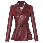 Stylish women's wine leather moto jacket with belted waist and detailed zippers