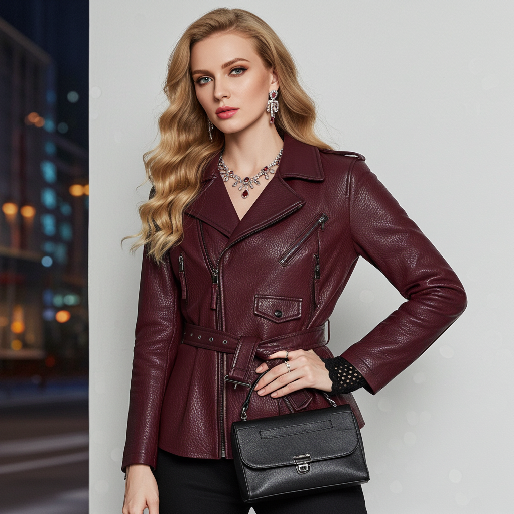 Stylish women's wine leather moto jacket with a belted waist and zippered pockets