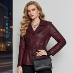 Stylish women's wine leather moto jacket with a belted waist and zippered pockets
