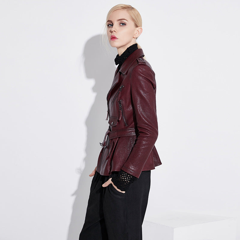 Stylish women's wine leather moto jacket with a chic design, perfect for a trendy outfit