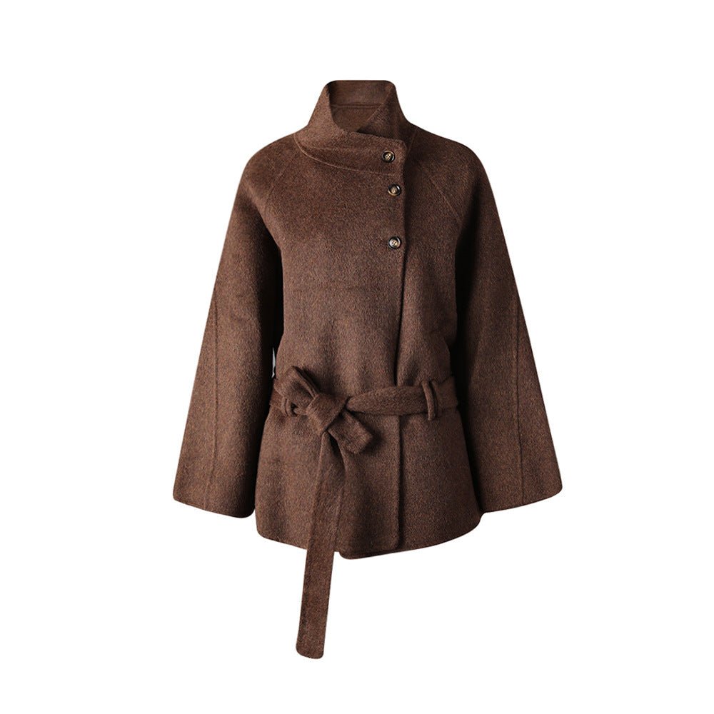 Brown AM Vision RO Wool Jacket with Stylish Button Closure and Waist Tie for Cozy Warmth
