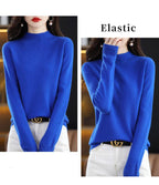 Blue elastic Wool Sweater for women featuring a comfortable round neckline and long sleeves