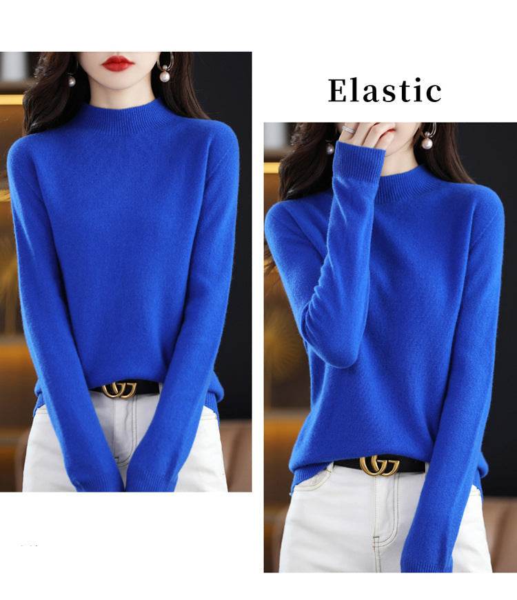 Blue elastic Wool Sweater for women featuring a comfortable round neckline and long sleeves