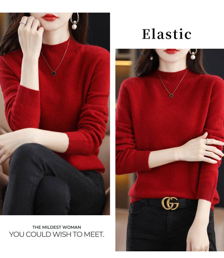 Red Elastic Wool Sweater for Women with Long Sleeves and a Comfortable Fit